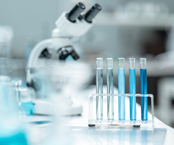 Chemical laboratory glassware with blue liquid samples in test tubes, scientific research experiment, biotechnology innovation, pharmaceutical analysis development, medical diagnostics