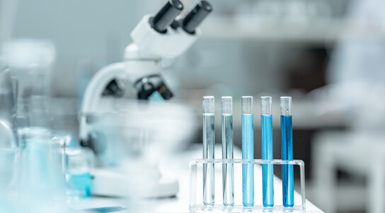 Chemical laboratory glassware with blue liquid samples in test tubes, scientific research experiment, biotechnology innovation, pharmaceutical analysis development, medical diagnostics